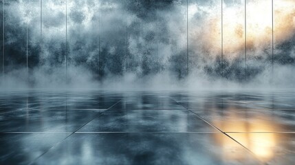 Naklejka premium Smoky Industrial Interior: A Reflective, Mysterious Scene