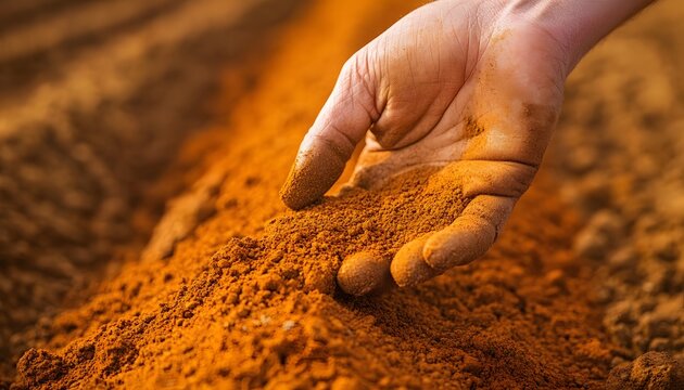 A farmers hand holds rich orange soil