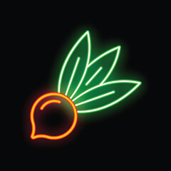 Bright neon icon of a beetroot with green leaves is glowing on a black background