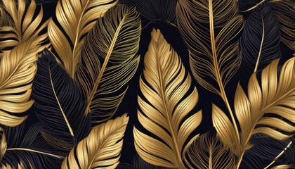 Striking Gold and Black Tropical Leaf Pattern on a Dark Background, Infusing Exotic Allure and Rich Textures in this Vibrant Vector Artwork.