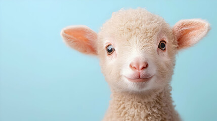Fototapeta premium Cute baby lamb looking directly at the camera against a solid light blue background.