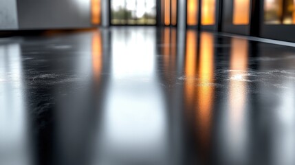 Reflective Floor, Interior Design, Modern Architecture, Polished Surface, Glass Windows, Sunset Hues, Abstract Image, Contemporary Style, Minimalist Aesthetics, Architectural Photography