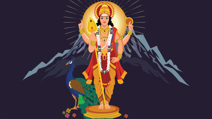 Lord Kartikeya Standing with Vel and Peacock