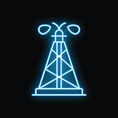 Blue neon icon of an oil pump jack pumping oil with a black background