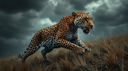 Obraz premium Majestic Leopard's Dramatic Chase: A Fierce, Stormy Scene