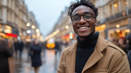 Fototapeta premium Smiling Man in City Street, Stylish Winter Fashion