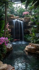 Naklejka premium Dense tropical rainforest with exotic orchids tree frogs and waterfalls cascading into pools