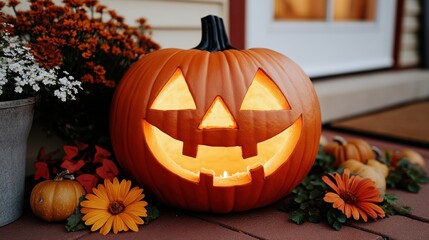 Obraz premium A glowing jack-o'-lantern sits on a porch, surrounded by autumn flowers and smaller pumpkins. Ready for Halloween!