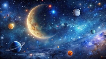 A stunning starry night sky filled with galaxies and planets