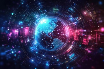 Digital globe surrounded by abstract tech patterns