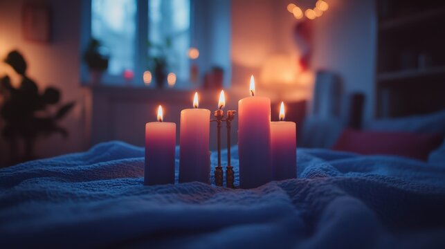 Lit candles on a cozy bed at night, creating a serene and peaceful atmosphere.