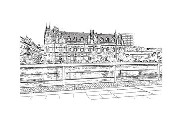 Print Building view with landmark of Bydgoszcz Poland. Hand drawn sketch illustration in vector.