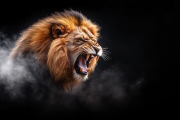 Naklejka premium Lion Roaring Against Dark Backdrop with Professional Color Grading