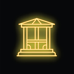 Yellow neon sign depicting a gazebo shining on a black background