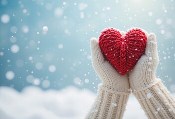 Fototapeta premium Warm hands holding a red knitted heart in the snow.