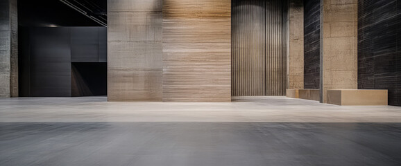 Modern architectural interior design of a spacious gallery environment with texture contrasts