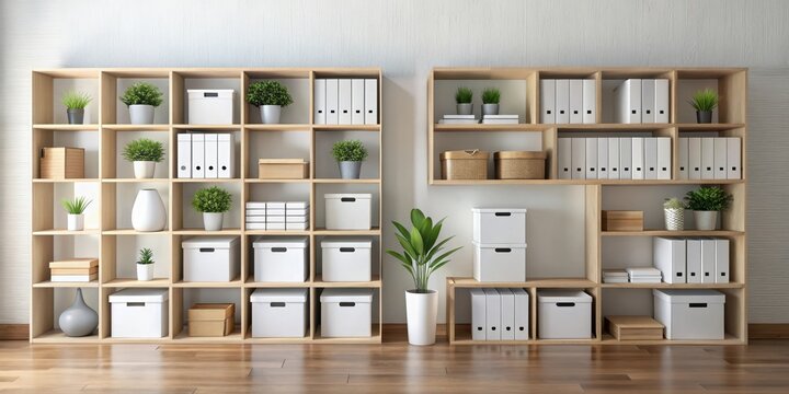 Minimalist storage boxes with organized shelves on a wall, peaceful environment , tidy,  peaceful environment