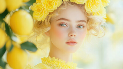Fototapeta premium Young Caucasian Female Amidst Bright Yellow Flowers and Lemons in Sunlit Garden
