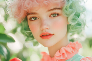 Young Caucasian Female with Colorful Curly Hair in Nature