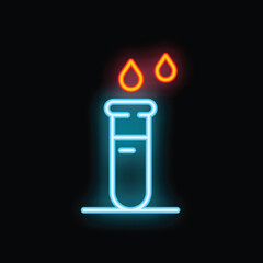 Neon icon of a test tube receiving two drops of liquid, glowing on a black background
