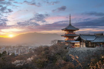Kiyomizu temple at sunset in Kyoto, Japan.
