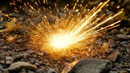 Brilliant sparks erupt from a central point, illuminating the surrounding ground with an intense golden glow.