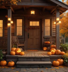 Rustic wooden house porch with several glowing jack-o-lanterns, autumn leaves, and natural surroundings, autumn leaves, inviting atmosphere, seasonal decorations