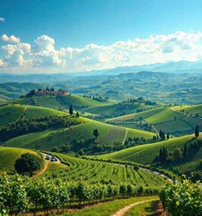 Obraz premium Rolling hills of Umbria Tuscany with vineyards , rural landscape, vineyard, italian countryside