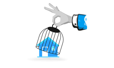 Hand Holding Birdcage Trapping Blue House Symbolic Imprisonment
