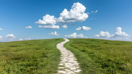 Obraz premium Winding stone path uphill, green meadow, blue sky, summer