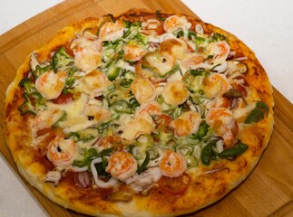 Seafood homemade pizza. close up.