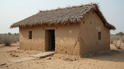 A small rural house built with thick mud walls and a thatched roof made of dried grass