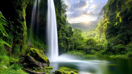 Tropical waterfall lagoon tranquil concept. A serene waterfall cascades into a lush, green pool, surrounded by vibrant foliage and illuminated by soft sunlight filtering through clouds.