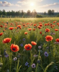 Fototapeta premium Poppy anemone flowers in a field of tall grasses and wheat, , landscape photography