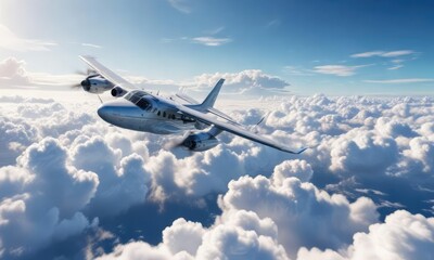 Obraz premium Plane flying high above the clouds with blue sky and white puffy clouds in background , aircraft, air travel, flight