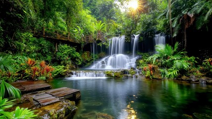 Tropical waterfall lagoon tranquil concept. A serene tropical waterfall surrounded by lush greenery, with sunlight filtering through the foliage, creating a tranquil atmosphere.