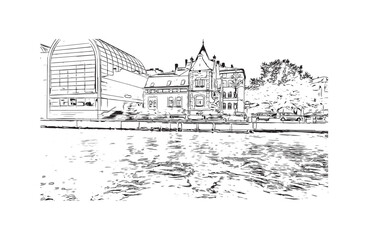 Print Building view with landmark of Bydgoszcz Poland. Hand drawn sketch illustration in vector.