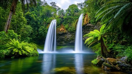 Naklejka premium Tropical waterfall lagoon tranquil concept. A serene tropical waterfall surrounded by lush greenery and vibrant ferns, cascading into a tranquil pool of water.