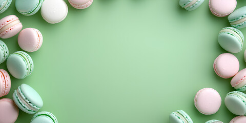 Colorful Macarons dessert pattern on a solid background top view copy space
