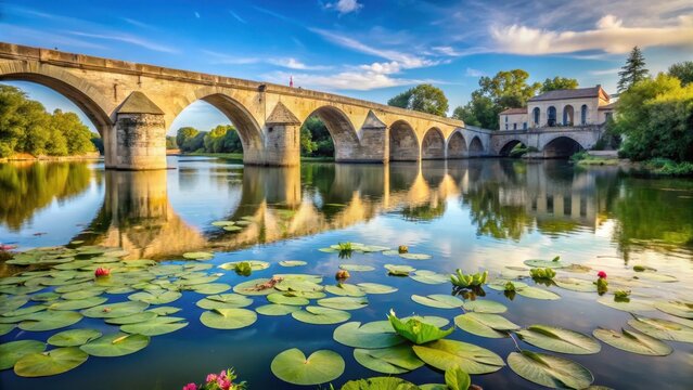 Serene riverbank with ancient stone bridges and water lilies floating on Rh?ne River in Arles, France