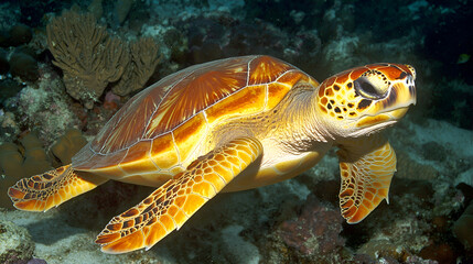 Majestic Sea Turtle Swimming in Vibrant Coral Reef Underwater Ecosystem