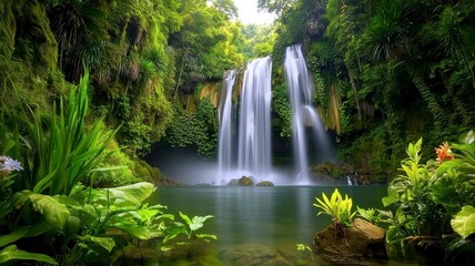 Tropical waterfall lagoon tranquil concept. A serene waterfall cascades into a tranquil pool, surrounded by lush greenery and vibrant foliage, creating a peaceful natural oasis.