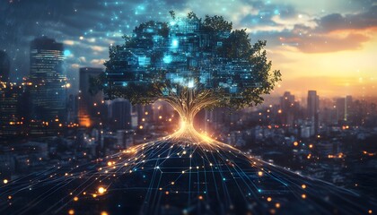 Fototapeta premium Digital Tree of Life Above Cityscape at Sunset