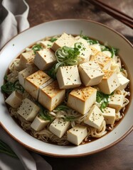 Softly steamed cheese tofu served on a bed of Asian noodles, garnished with scallions and sesame seeds, sesame seeds, scallions, cheese tofu