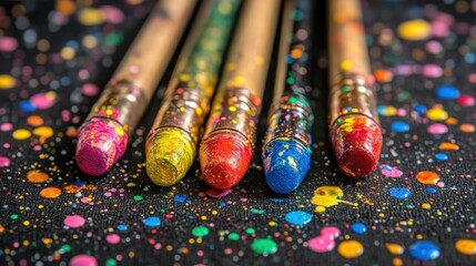Obraz premium Close-up of colorful, paint-splattered art supplies on a dark surface.