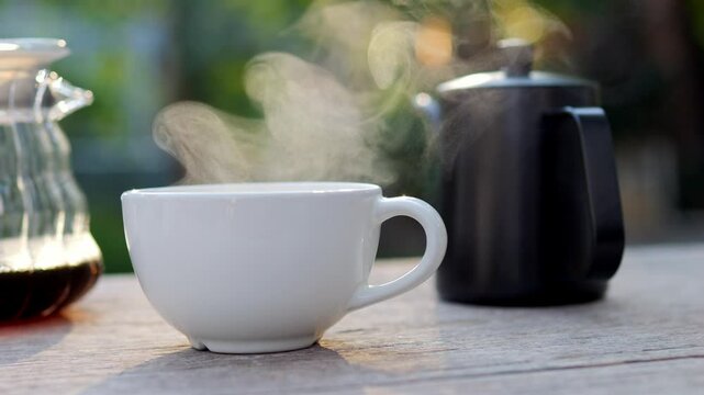 Morning Coffee Ritual: Steam rises from a steaming cup of coffee, inviting warmth and a sense of peaceful relaxation.