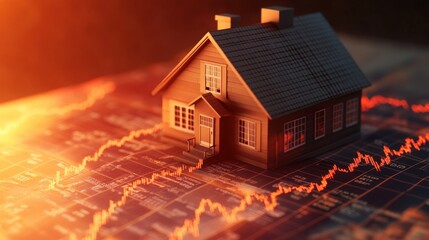 A dynamic representation of declining mortgage prices and lowering interest rates, illustrating a financial recession scenario where housing borrowing costs drop due to deflation or reverse inflation