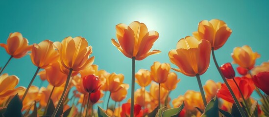 Obraz premium Sunny field, upward tulips, spring