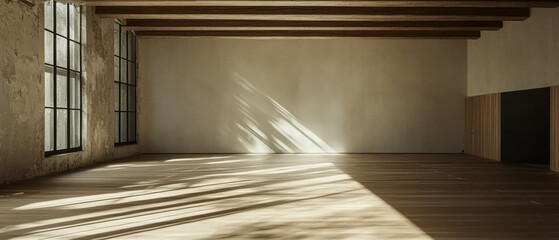 Spacious interior with natural light and wooden beams in a minimalist setting