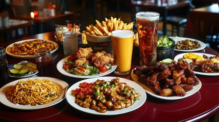 Obraz premium Abundant pub food feast chicken wings, noodles, fries, beer, and more on a round table.